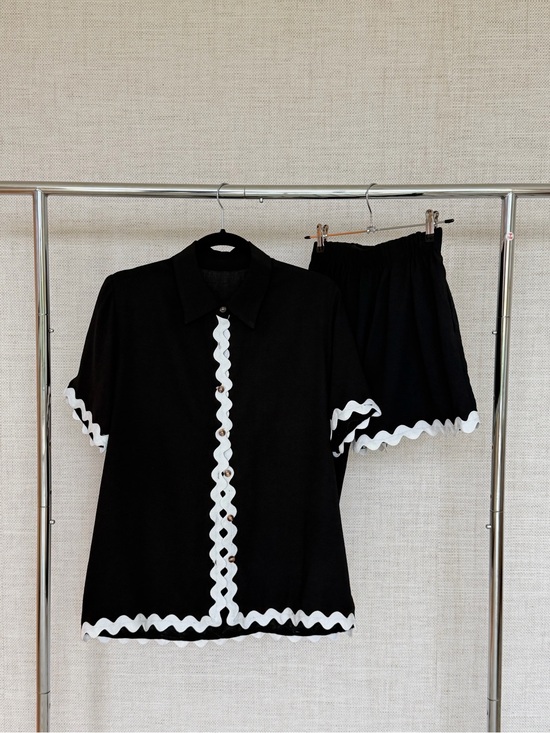 Commense Tops - Commense Black Two-Piece Set with White Ric Rac Trim